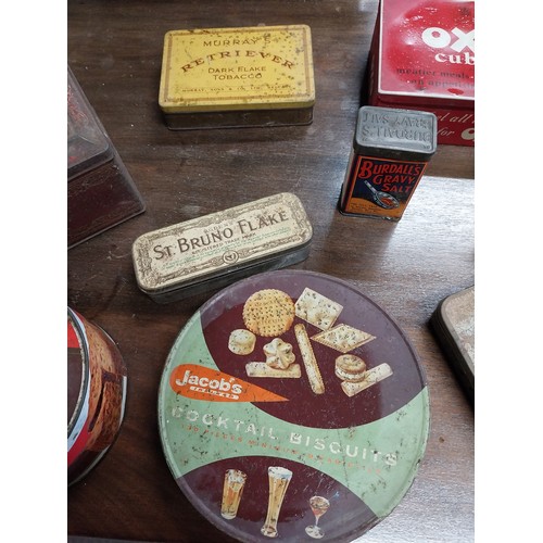 52A - Miscellaneous lot of nine tin plate advertising tins - St Bruno tobacco, Celebration Cake, Oxo, Jaco... 