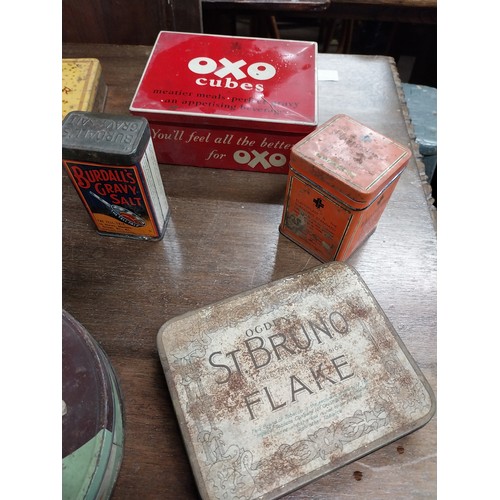 52A - Miscellaneous lot of nine tin plate advertising tins - St Bruno tobacco, Celebration Cake, Oxo, Jaco... 