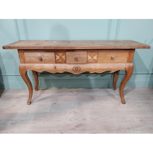 59 - 20th C. pine console table with shaped apron and three short drawers in frieze on cabriole legs. {76... 