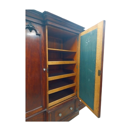 46 - 19th C. mahogany breakfront three door wardrobe with central mirrored panel above three drawers. {23... 
