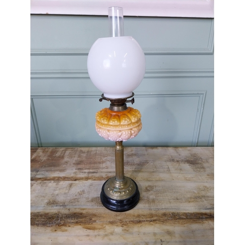 10 - Early 20th C. brass oil lamp with coloured glass bowl and opaline glass shade. {74 cm H x 18 cm Dia.... 