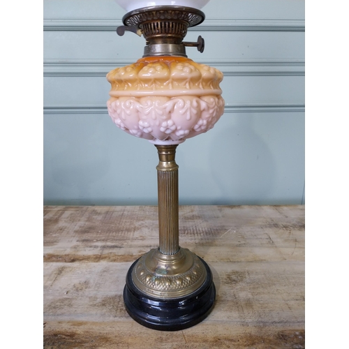 10 - Early 20th C. brass oil lamp with coloured glass bowl and opaline glass shade. {74 cm H x 18 cm Dia.... 