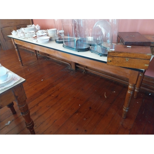 19th. C. pitch pine kitchen table with Formica top, raised on turned ...