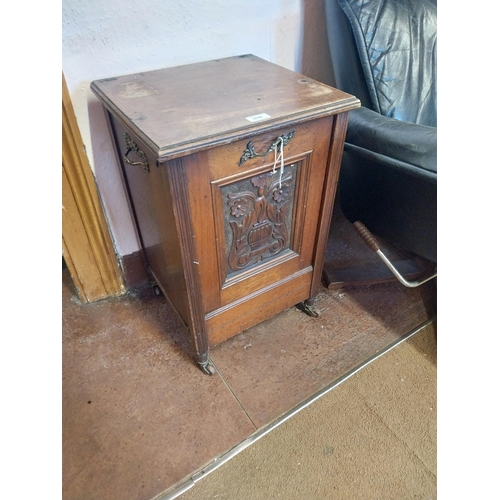 Edwardian mahogany coal locker with carved central panel raised on ...