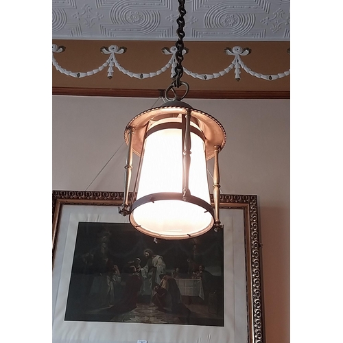 25 - Art Nouveau brass hall lantern with frosted glass panels. { 40cm H X 23cm Dia }.