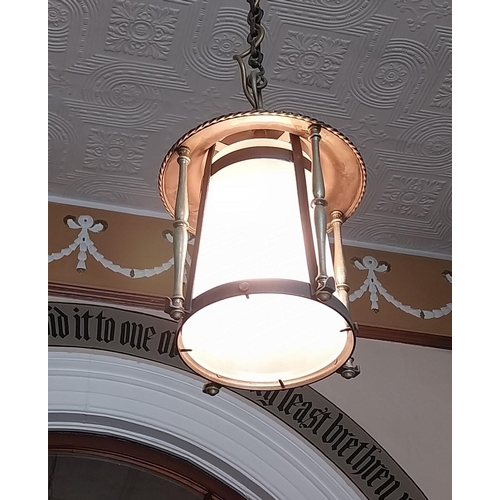 25 - Art Nouveau brass hall lantern with frosted glass panels. { 40cm H X 23cm Dia }.