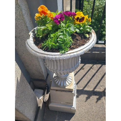 3 - Pair of 19th. C. cast iron urns, decorated with wreaths,  raised on pedestals. { 104cm H X 34cm Sq. ... 