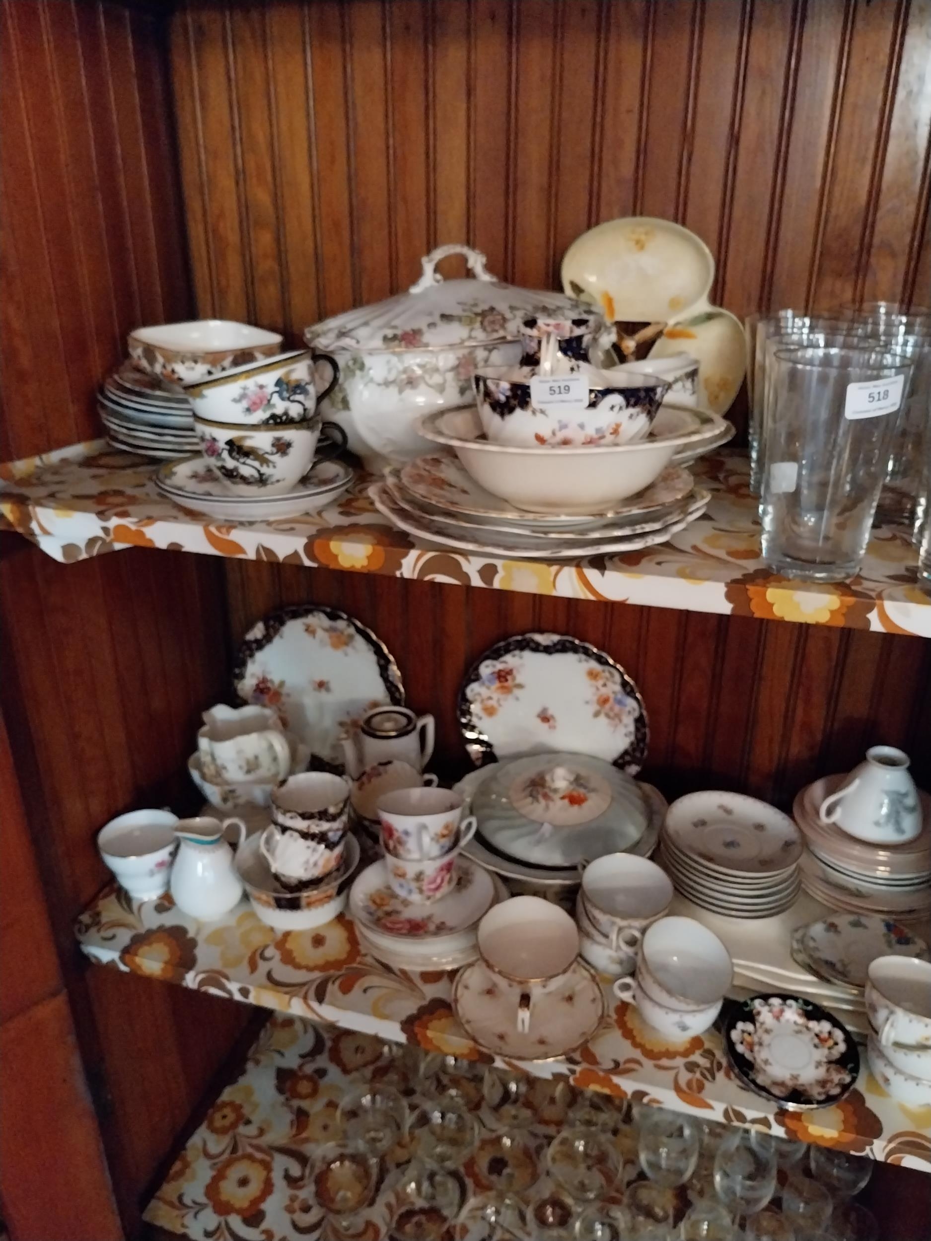 Two shelves of misc. delftware.