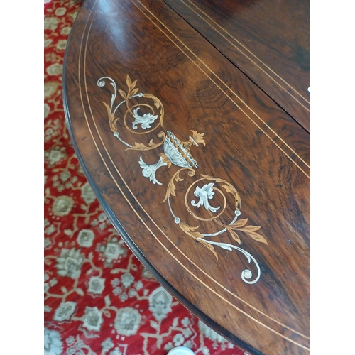 19th. C. inlaid rosewood envelope table, raised on three out swept legs ...