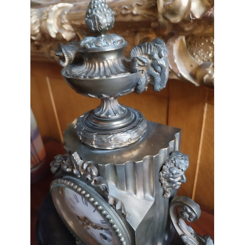 11 - 19th. C. gilded brass mantle clock, mounted on a marbleised slate base. { 40cm H X 40cm W X 15cm D }... 