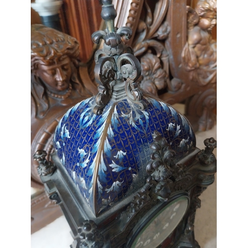 16 - Bronze and cloisonne mantle clock, in the 19th. C. manner. { 47cm H X 22cm W X 15cm D }.
