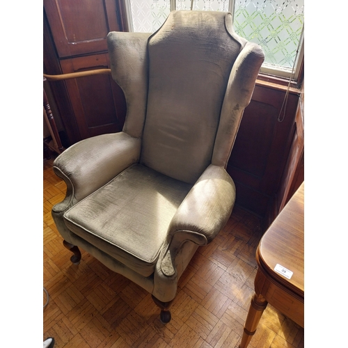 33 - Pair of early 20th. C. wing back  upholstered armchairs, raised on mahogany cabriole legs.  { 110cm ... 