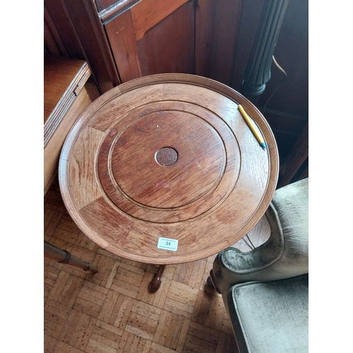 34 - 19th. C. oak wine table, raised on turned column & three outswept legs. { 66cm H X 49cm Dia }.
