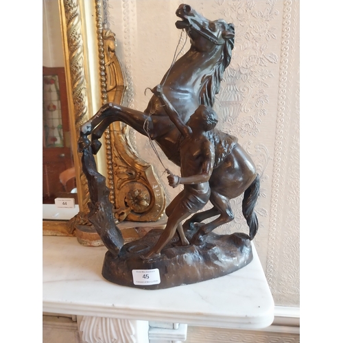 45 - Pair of bronzed spelter models of prancing horses.  {  37cm H X 23cm W X 11cm D }.