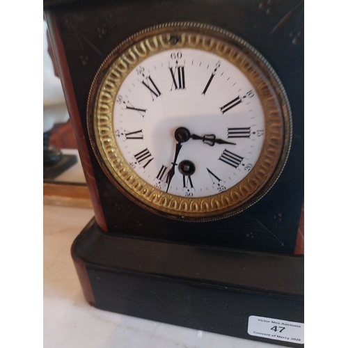 47 - 19th. C. marble and slate mantle clock. { 22.5cm H X 20.5cm W X 12cm D }.