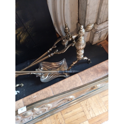 49 - Set of 19th. C. brass fire irons and dogs. { 34cm H X 87cm L X 20cm D }.