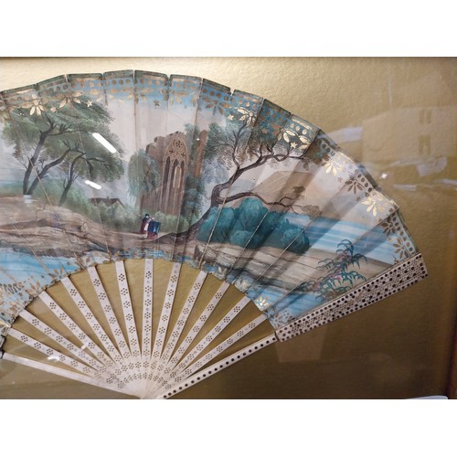 54A - Framed Victorian Ladies fan in the Oriental manner. {47 cm H x 69 cm W}