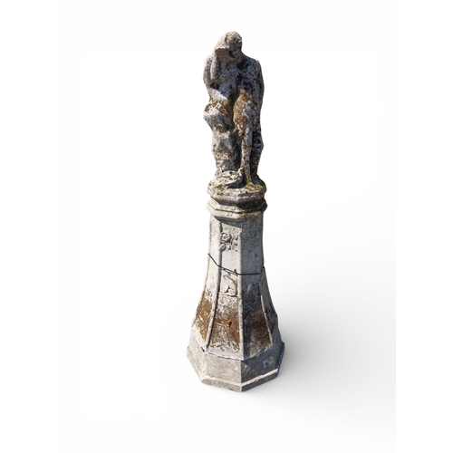 10 - 19th C. sandstone statue of young Man on pedestal decorated with flora and fauna. {160 cm H x 60 cm ... 