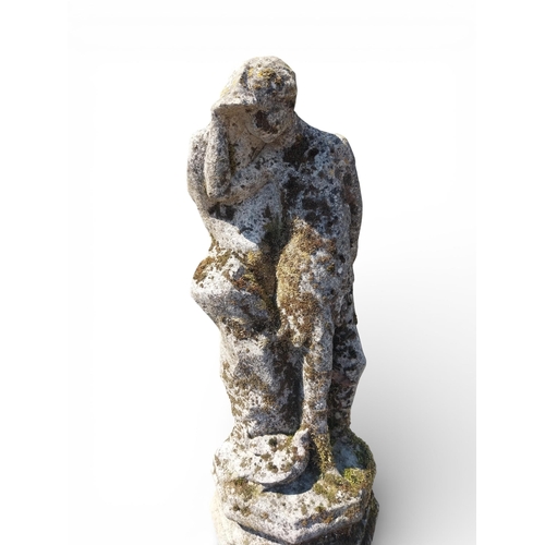 10 - 19th C. sandstone statue of young Man on pedestal decorated with flora and fauna. {160 cm H x 60 cm ... 