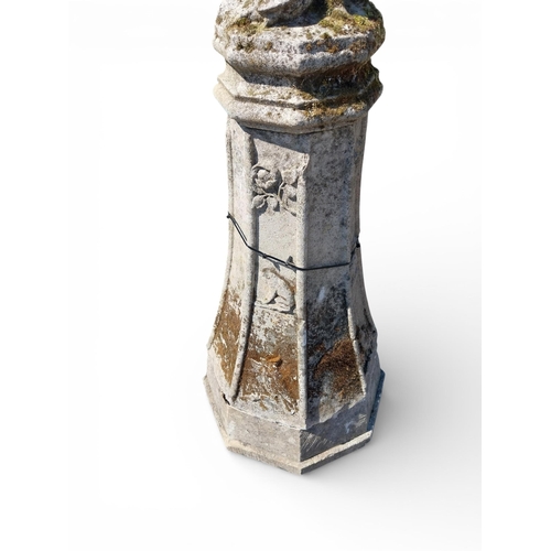 10 - 19th C. sandstone statue of young Man on pedestal decorated with flora and fauna. {160 cm H x 60 cm ... 