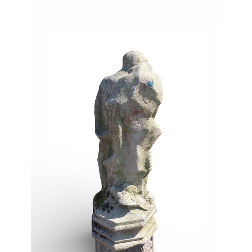 10 - 19th C. sandstone statue of young Man on pedestal decorated with flora and fauna. {160 cm H x 60 cm ... 
