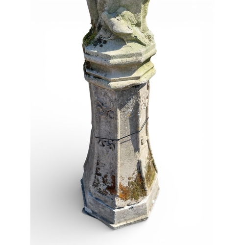 10 - 19th C. sandstone statue of young Man on pedestal decorated with flora and fauna. {160 cm H x 60 cm ... 
