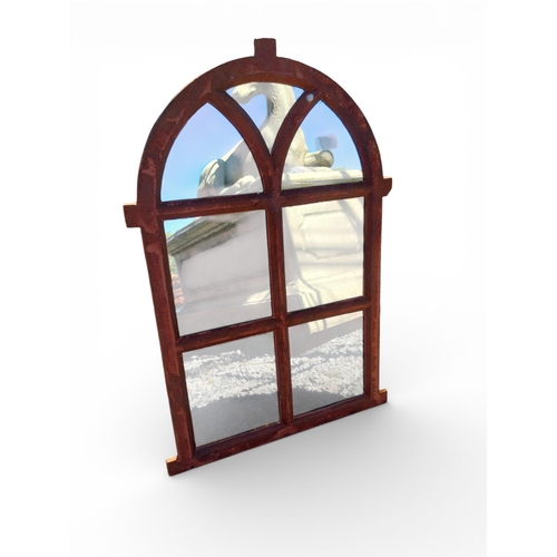 16 - Cast iron arched top garden mirror. {69 cm H x 46 cm W}.
