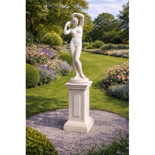 40 - Moulded sandstone statue of a Grecian Lady raised on pedestal. {192 cm H x 47 cm W x 47 cm D}.