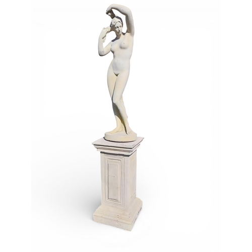 40 - Moulded sandstone statue of a Grecian Lady raised on pedestal. {192 cm H x 47 cm W x 47 cm D}.