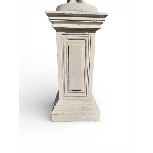40 - Moulded sandstone statue of a Grecian Lady raised on pedestal. {192 cm H x 47 cm W x 47 cm D}.