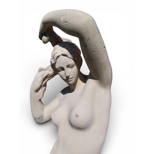 40 - Moulded sandstone statue of a Grecian Lady raised on pedestal. {192 cm H x 47 cm W x 47 cm D}.