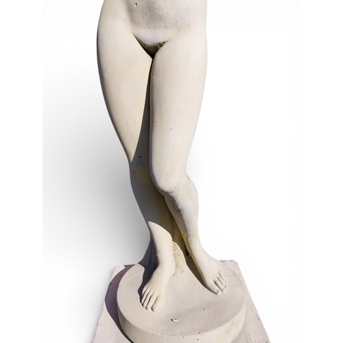 40 - Moulded sandstone statue of a Grecian Lady raised on pedestal. {192 cm H x 47 cm W x 47 cm D}.