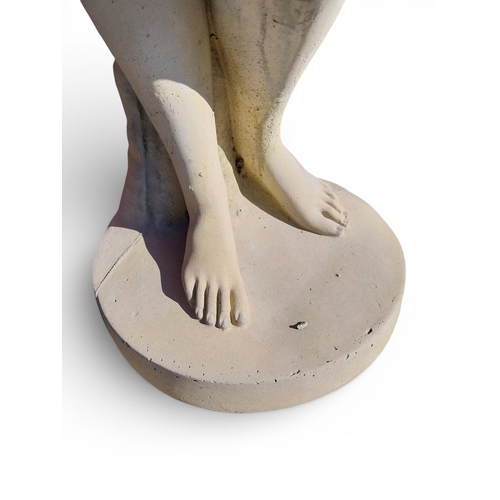 40 - Moulded sandstone statue of a Grecian Lady raised on pedestal. {192 cm H x 47 cm W x 47 cm D}.