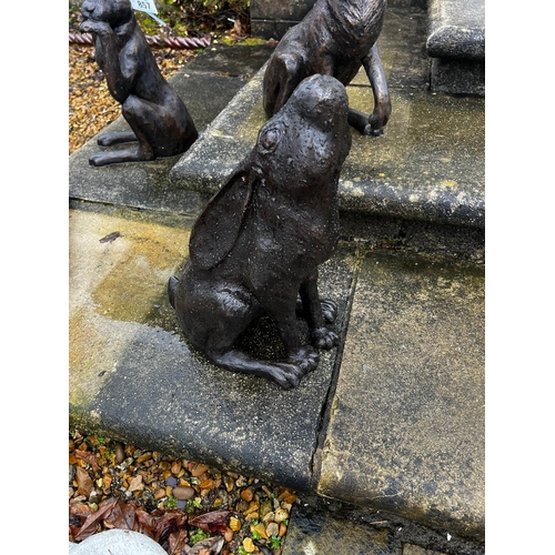 42 - Exceptional quality bronze statue of a seated Hare with ears back  {36 cm H x 38 cm W x 23 cm D}.