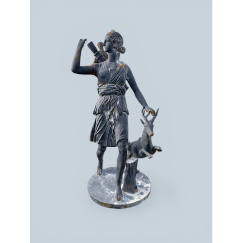 46 - Cast iron statue of Diana the Huntress with lead effect paint. {187 cm H x 90 cm H x 97 cm D}.