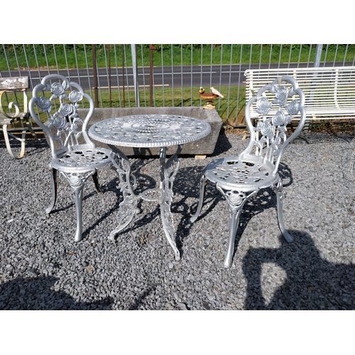 54 - Metal garden table and two matching chairs. Chairs {84 cm H x 48 cm W x 46 cm D} and Table {66 cm H ... 