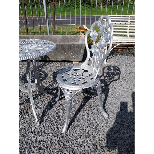 54 - Metal garden table and two matching chairs. Chairs {84 cm H x 48 cm W x 46 cm D} and Table {66 cm H ... 