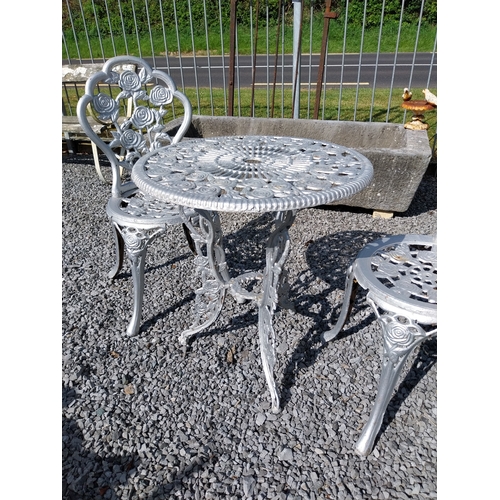 54 - Metal garden table and two matching chairs. Chairs {84 cm H x 48 cm W x 46 cm D} and Table {66 cm H ... 