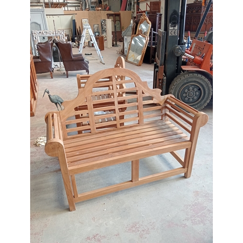 17 - Teak Lutyens bench.  {H 104cm x W 136cm x D 65cm}. NOT ON SITE FOR VIEWING