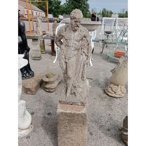 59 - Composition statue of Hercules holding lions on sandstone base.  {H 110cm x W 20cmx D 32cm}. NOT ON ... 