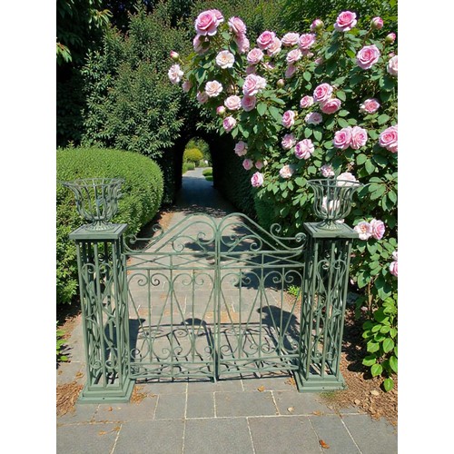 37 - Wrought iron set of gates with planters.  {H 127cm x W 160c x D 30cm}. NOT ON SITE FOR VIEWING