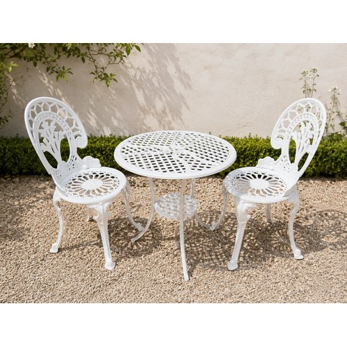 51 - Cast aluminium table and two chairs.  Table {H 65cm x Dia 68cm}. Chairs {H 88cm x W 40cm x D 40cm}. ... 