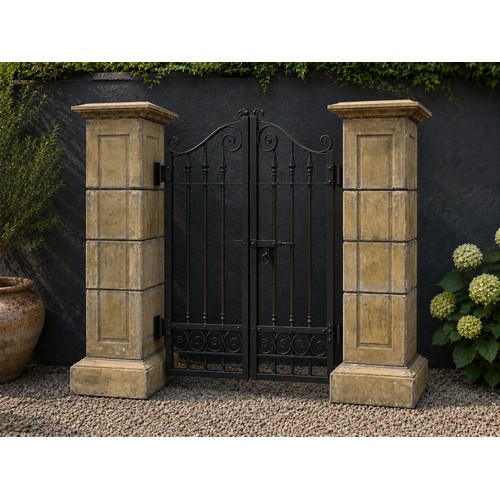 55 - Pair of composition stone gateposts.   {H 2400cm x W 64cm x D 64cm}. (gates not included). NOT ON SI... 