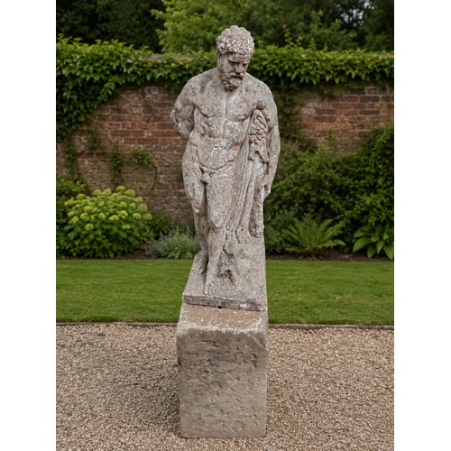 59 - Composition statue of Hercules holding lions on sandstone base.  {H 110cm x W 20cmx D 32cm}. NOT ON ... 