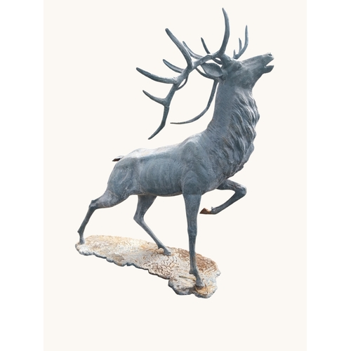 44 - Lead effect cast iron model of bellowing Stag on plinth. {174 cm H x 124 cm W x 90 cm D}.