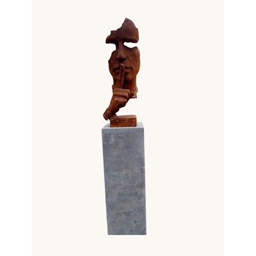 1 - Cast iron contemporary Speak No Evil sculpture on slate pedestal. {139 cm H x 26 cm W x 26 cm D}.