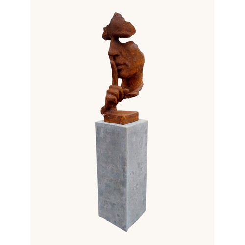 1 - Cast iron contemporary Speak No Evil sculpture on slate pedestal. {139 cm H x 26 cm W x 26 cm D}.