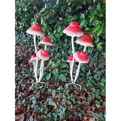 4 - Pair of decorative metal garden red mushrooms. {80 cm H x 28 cm W x 30 cm D}.