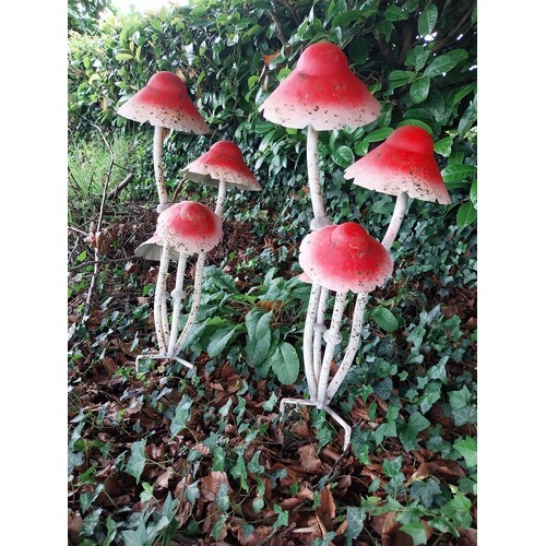 4 - Pair of decorative metal garden red mushrooms. {80 cm H x 28 cm W x 30 cm D}.