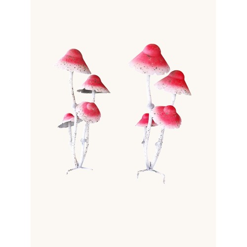 4 - Pair of decorative metal garden red mushrooms. {80 cm H x 28 cm W x 30 cm D}.